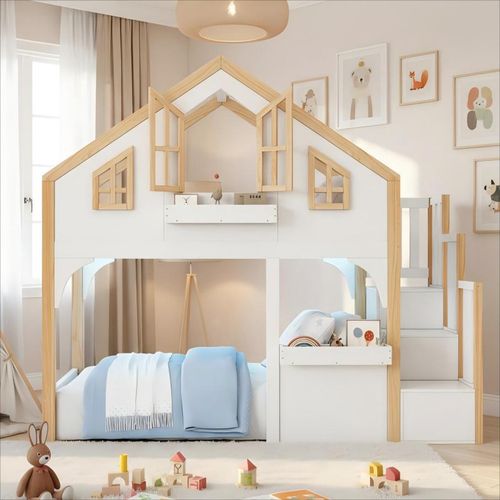 Lit Mezzanine Enfant 90x200 Cm Blanc Et Bois Avec LED, Fenêtre Et Escalier De Rangement