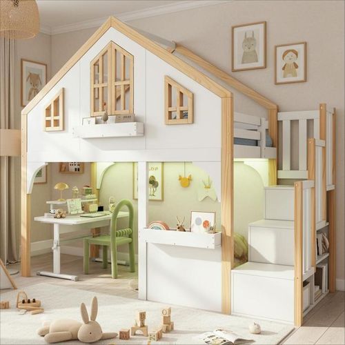 Lit Mezzanine Enfant 90x200 Cm Blanc Et Bois Avec LED, Fenêtre Et Escalier De Rangement