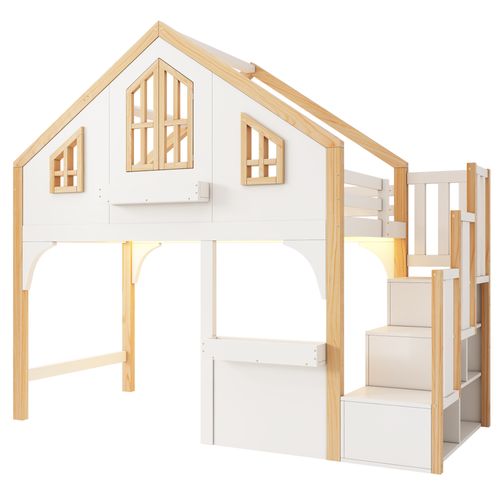 Lit Mezzanine Enfant 90x200 Cm Blanc Et Bois Avec LED, Fenêtre Et Escalier De Rangement