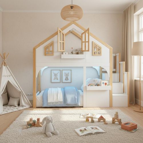 Lit Mezzanine Enfant 90x200 Cm Blanc Et Bois Avec LED, Fenêtre Et Escalier De Rangement