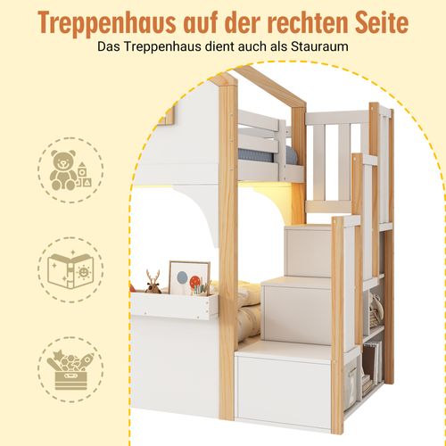 Lit Mezzanine Enfant 90x200 Cm Blanc Et Bois Avec LED, Fenêtre Et Escalier De Rangement