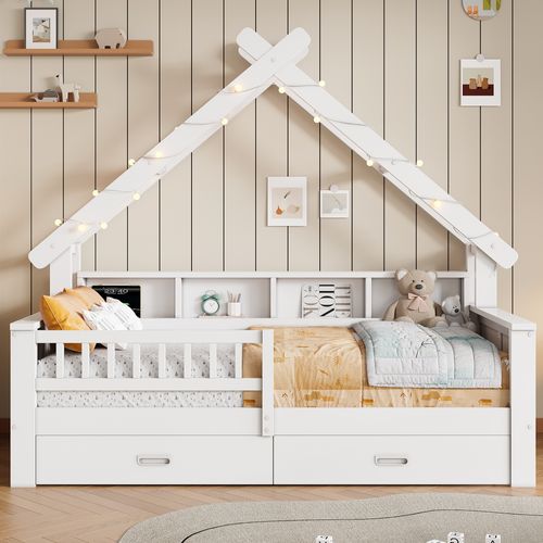 Lit Enfant 90x200 En Forme De Maison Blanc Avec LED, Tiroirs Et Étagères Intégrés