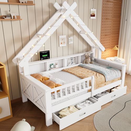 Lit Enfant 90x200 En Forme De Maison Blanc Avec LED, Tiroirs Et Étagères Intégrés