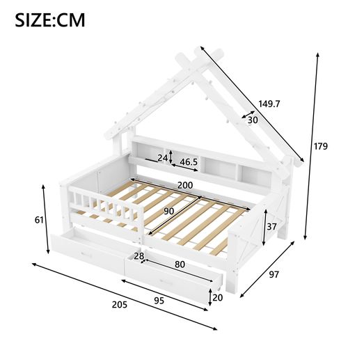 Lit Enfant 90x200 En Forme De Maison Blanc Avec LED, Tiroirs Et Étagères Intégrés
