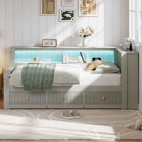 Lit Banquette 90x200 Gris Avec LED, Étagères Et 3 Tiroirs Intégrés Pour Rangement