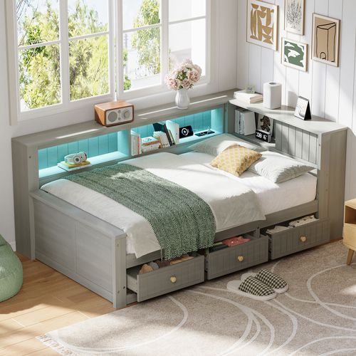 Lit Banquette 90x200 Gris Avec LED, Étagères Et 3 Tiroirs Intégrés Pour Rangement