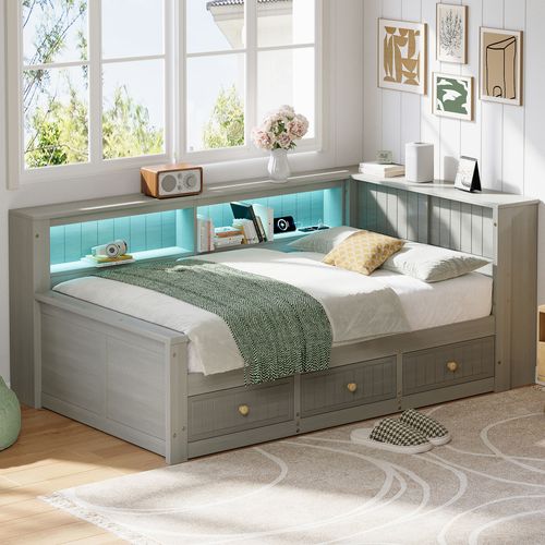 Lit Banquette 90x200 Gris Avec LED, Étagères Et 3 Tiroirs Intégrés Pour Rangement