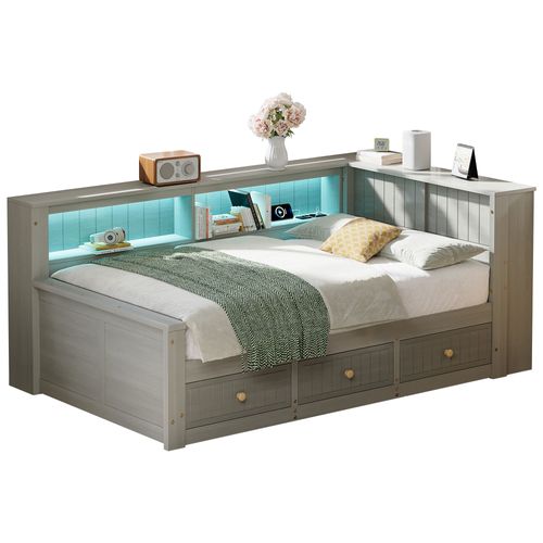 Lit Banquette 90x200 Gris Avec LED, Étagères Et 3 Tiroirs Intégrés Pour Rangement
