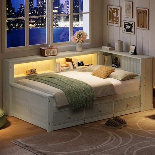 Lit Banquette 90x200 Gris Avec LED, Étagères Et 3 Tiroirs Intégrés Pour Rangement