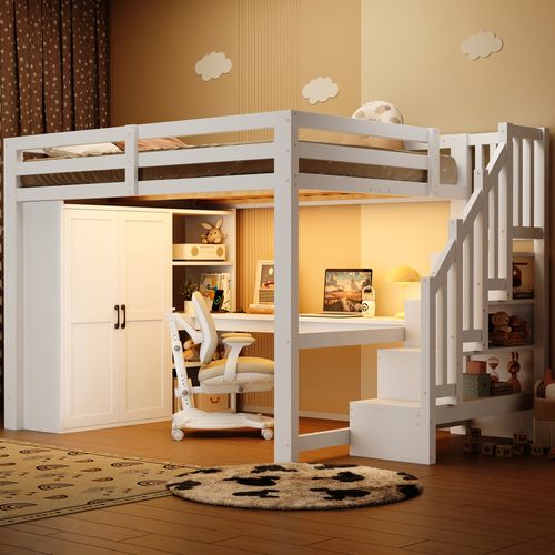 Lit Mezzanine 140x200 Avec Bureau, Étagères, Armoire, Marche De Rangement Et LED Blanc