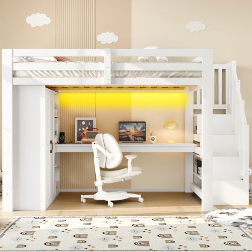 Lit Mezzanine 140x200 Avec Bureau, Étagères, Armoire, Marche De Rangement Et LED Blanc