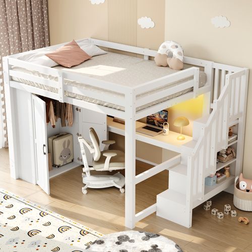 Lit Mezzanine 140x200 Avec Bureau, Étagères, Armoire, Marche De Rangement Et LED Blanc