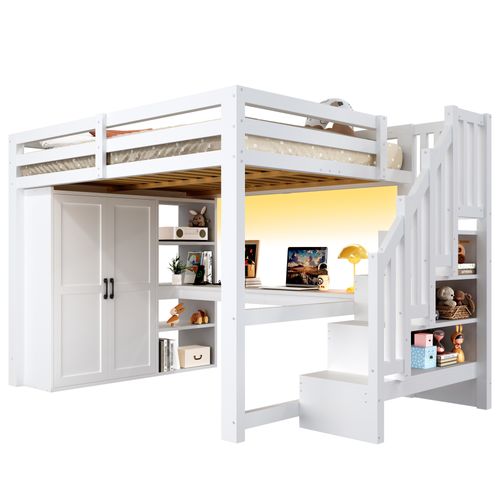 Lit Mezzanine 140x200 Avec Bureau, Étagères, Armoire, Marche De Rangement Et LED Blanc