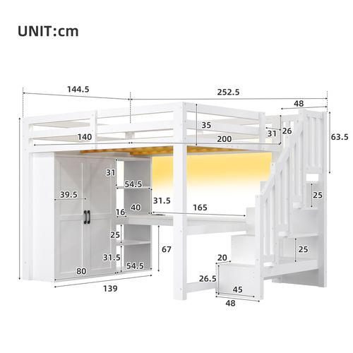 Lit Mezzanine 140x200 Avec Bureau, Étagères, Armoire, Marche De Rangement Et LED Blanc