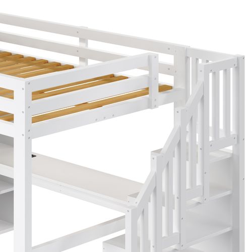 Lit Mezzanine 140x200 Avec Bureau, Étagères, Armoire, Marche De Rangement Et LED Blanc