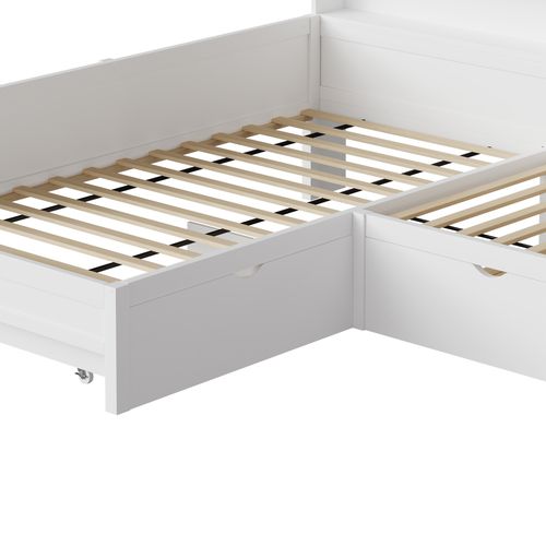 Lit Plateforme L 90x200 Avec Lit Gigogne, Tiroir, LED, Ports USB Et Rangement Intégré Blanc