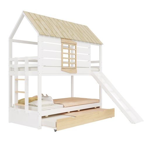Lit Superposé Maison 90x200 Avec Toboggan, Lit Gigogne, Satteldach Et Design Blanc/naturel