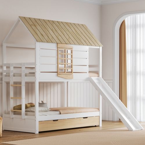 Lit Superposé Maison 90x200 Avec Toboggan, Lit Gigogne, Satteldach Et Design Blanc/naturel