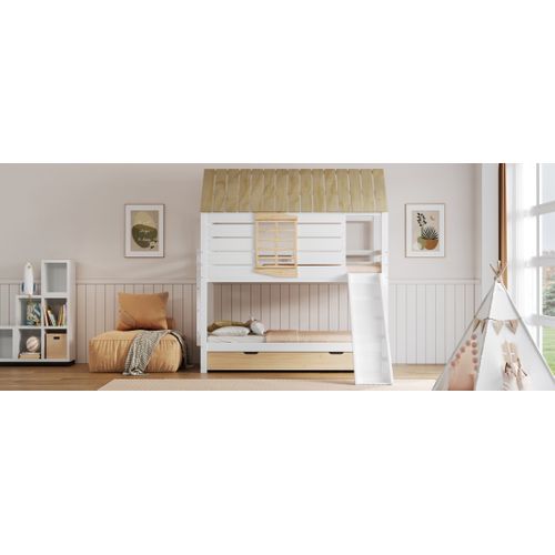 Lit Superposé Maison 90x200 Avec Toboggan, Lit Gigogne, Satteldach Et Design Blanc/naturel