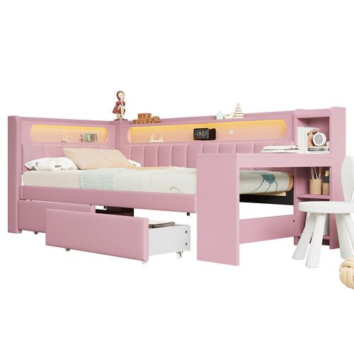Lit Enfant 90x200 Avec LED, USB, 2 Tiroirs, Bureau Intégré Et Design Élégant Rose
