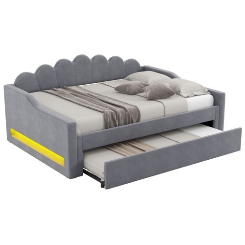 Lit Gigogne 140x200 Avec LED, Rembourrage En Lin Et Lit Gigogne Intégré Élégant Gris