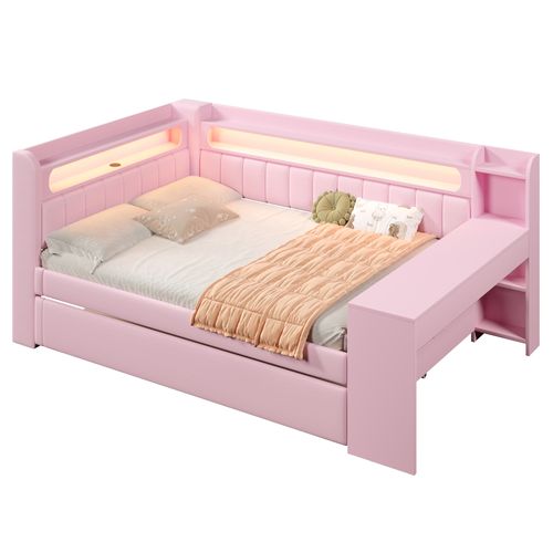 Lit Gigogne 140x200 Avec LED Multicolore, USB Intégré, Bureau Et Tiroir-lit Escamotable, Rose
