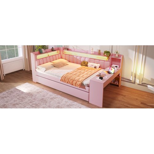 Lit Gigogne 140x200 Avec LED Multicolore, USB Intégré, Bureau Et Tiroir-lit Escamotable, Rose