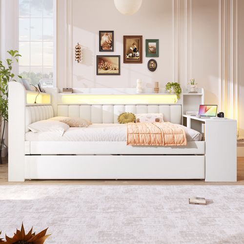 Lit Gigogne 140x200 Avec LED Multicolore, USB Intégré, Bureau Et Tiroir-lit Escamotable, Blanc