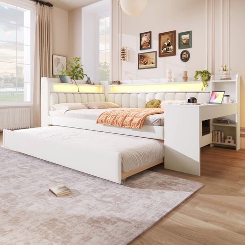 Lit Gigogne 140x200 Avec LED Multicolore, USB Intégré, Bureau Et Tiroir-lit Escamotable, Blanc