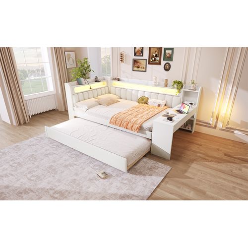 Lit Gigogne 140x200 Avec LED Multicolore, USB Intégré, Bureau Et Tiroir-lit Escamotable, Blanc