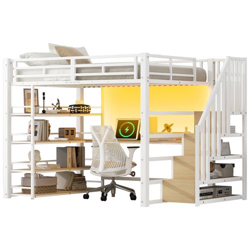 Lit Mezzanine 140x200 Blanc Avec Escalier, LED, Bureau Intégré Et Rangements