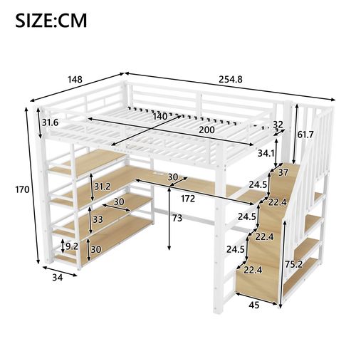 Lit Mezzanine 140x200 Blanc Avec Escalier, LED, Bureau Intégré Et Rangements