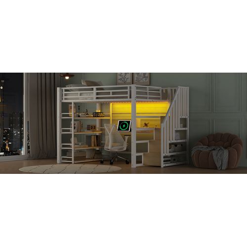 Lit Mezzanine 140x200 Blanc Avec Escalier, LED, Bureau Intégré Et Rangements