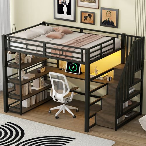 Lit Mezzanine 140x200 Noir Avec Escalier, LED, Bureau Intégré Et Rangements