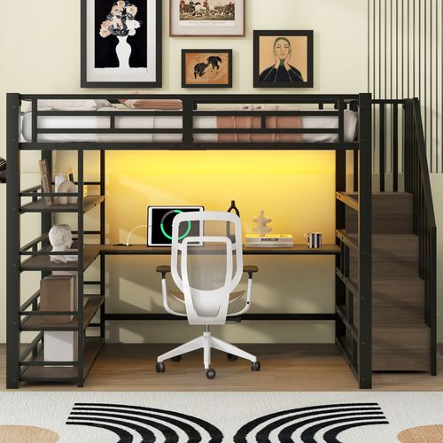 Lit Mezzanine 140x200 Noir Avec Escalier, LED, Bureau Intégré Et Rangements