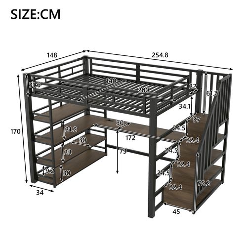 Lit Mezzanine 140x200 Noir Avec Escalier, LED, Bureau Intégré Et Rangements
