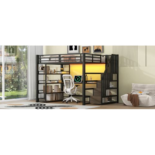 Lit Mezzanine 140x200 Noir Avec Escalier, LED, Bureau Intégré Et Rangements