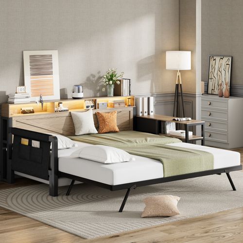 Canapé-lit Métal 90x200 Noir Avec Lit Gigogne Réglable, Rangements, LED Et Ports USB