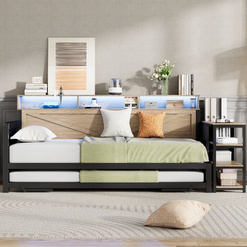 Canapé-lit Métal 90x200 Noir Avec Lit Gigogne Réglable, Rangements, LED Et Ports USB