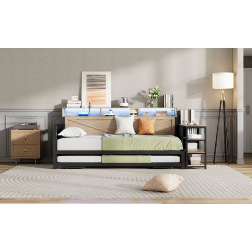 Canapé-lit Métal 90x200 Noir Avec Lit Gigogne Réglable, Rangements, LED Et Ports USB