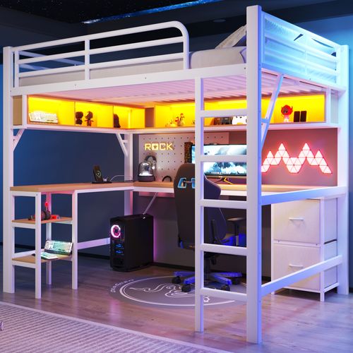 Lit Mezzanine Gaming 140x200 En Métal Blanc Avec Bureau, Rangements, USB Et LED