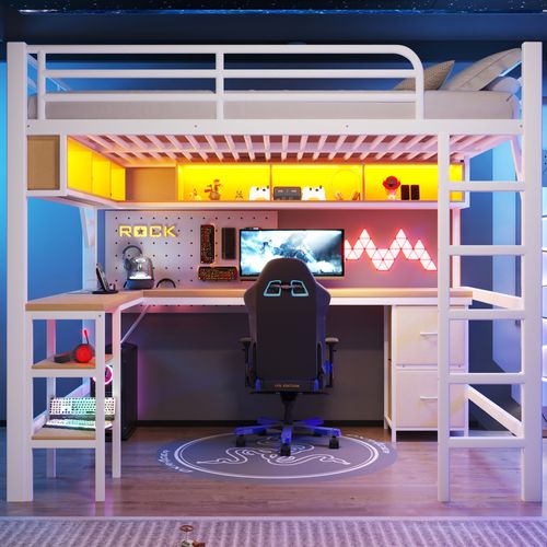 Lit Mezzanine Gaming 140x200 En Métal Blanc Avec Bureau, Rangements, USB Et LED