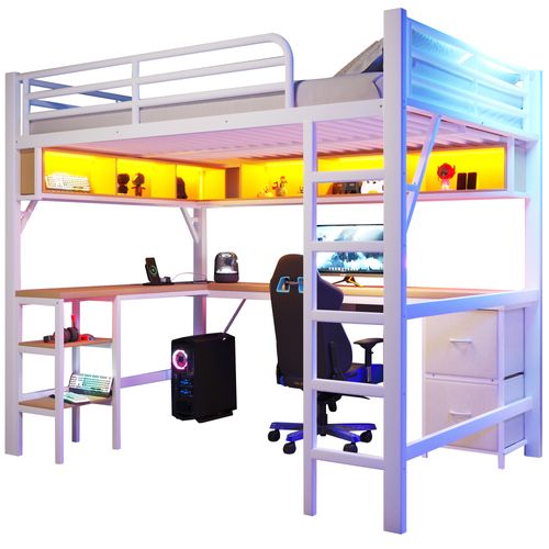 Lit Mezzanine Gaming 140x200 En Métal Blanc Avec Bureau, Rangements, USB Et LED