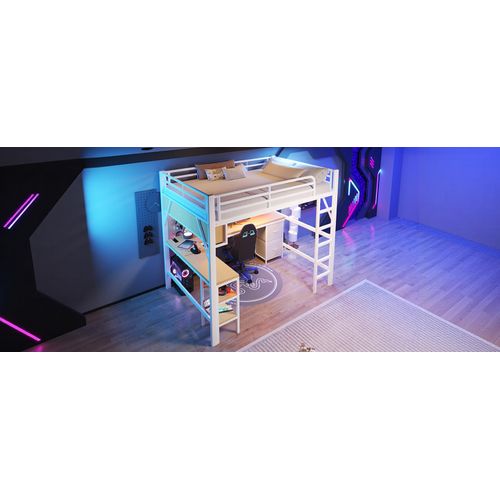 Lit Mezzanine Gaming 140x200 En Métal Blanc Avec Bureau, Rangements, USB Et LED