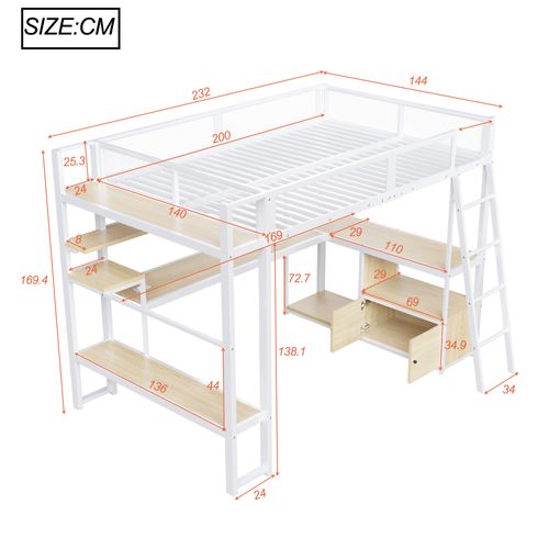 Lit Mezzanine Gaming 140x200 En Métal Blanc Avec Bureau Intégré, Rangements, LED Et USB