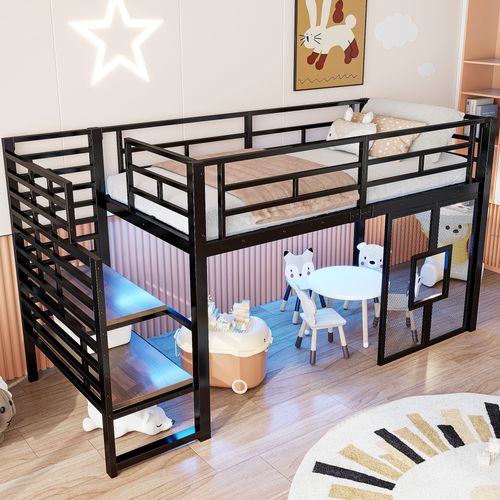 Lit Mezzanine Enfant 90x200 En Métal Noir Avec Escalier De Rangement, Fenêtres Et LED Intégrée