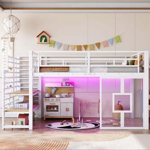 Lit Mezzanine Enfant 90x200 En Métal Blanc Avec Escalier De Rangement, Fenêtres Et LED Intégrée