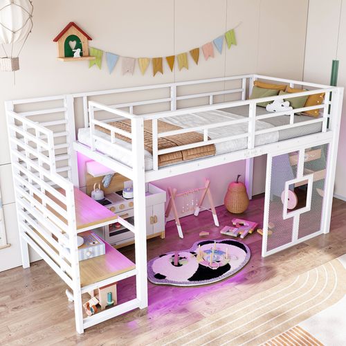 Lit Mezzanine Enfant 90x200 En Métal Blanc Avec Escalier De Rangement, Fenêtres Et LED Intégrée