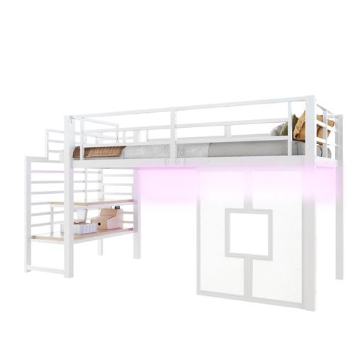 Lit Mezzanine Enfant 90x200 En Métal Blanc Avec Escalier De Rangement, Fenêtres Et LED Intégrée