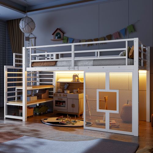 Lit Mezzanine Enfant 90x200 En Métal Blanc Avec Escalier De Rangement, Fenêtres Et LED Intégrée